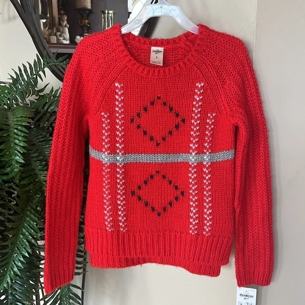 Brand New OshKosh B'Gosh Red Knit Sweater Crew Neck Diamond Design Christmas
